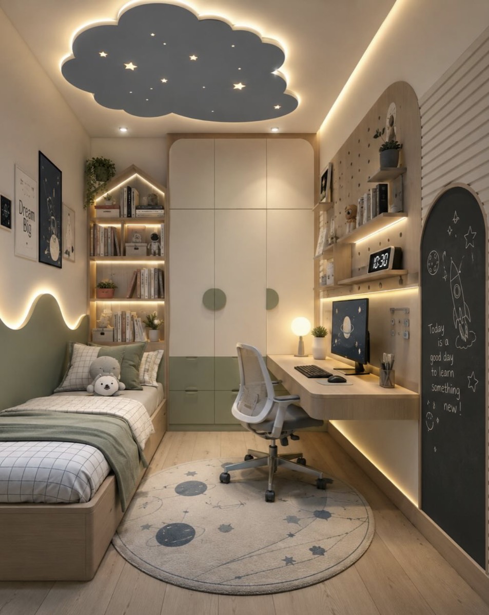 A child's bedroom with fitted wardrobe, desk and shelving in pale wood and sage green