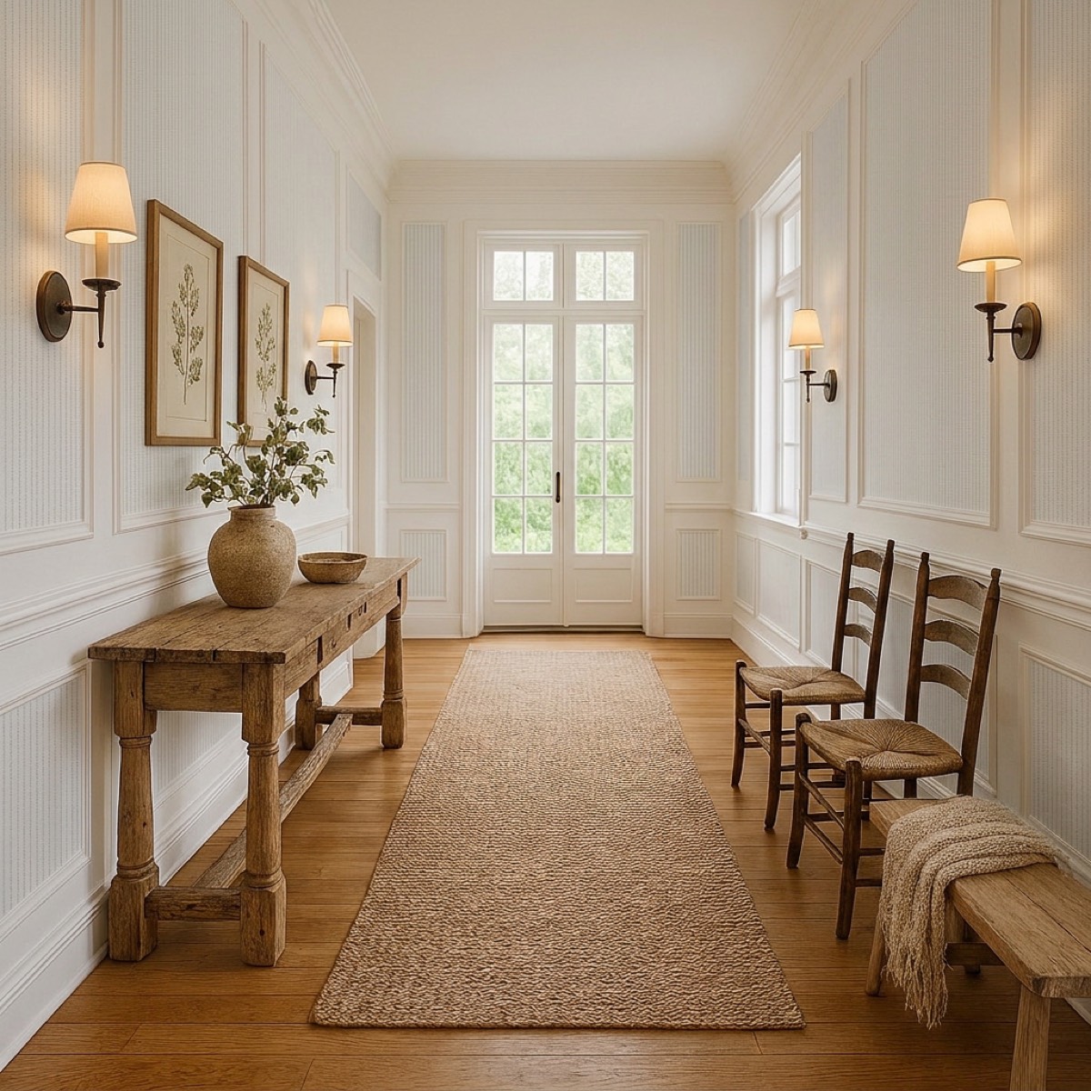 A white panelled entrance hall with an oak console table, wall lights and glazed doors to the garden
